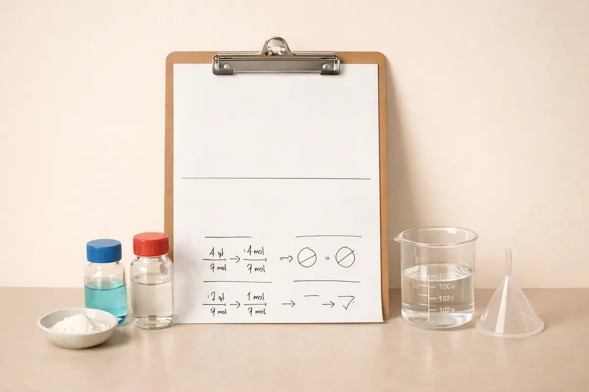 Worked limiting-reagent calculation showing balanced equation, mole conversion, ratio comparison, and the check